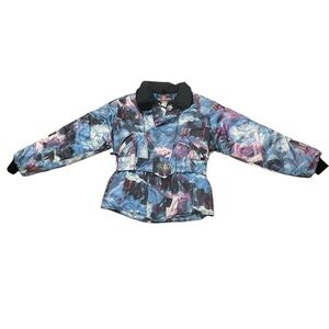 Vintage Polaris Snowmobile Puffer Jacket Thermoloft Belted Abstract Print size M